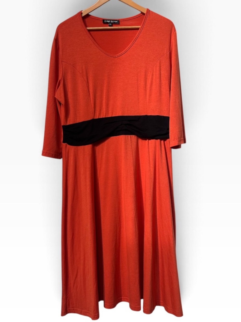 Rust Orange 3/4 Sleeve V-Neck Midi Dress Black Ruched Empire Waistband | Size 2X